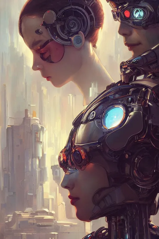 Prompt: Ultra realistic illustration,a robot and a woman are boyfriends, cyberpunk, sci-fi, fantasy, intricate, elegant, highly detailed, digital painting, artstation, concept art, smooth, sharp focus, illustration, art by artgerm and greg rutkowski and alphonse mucha