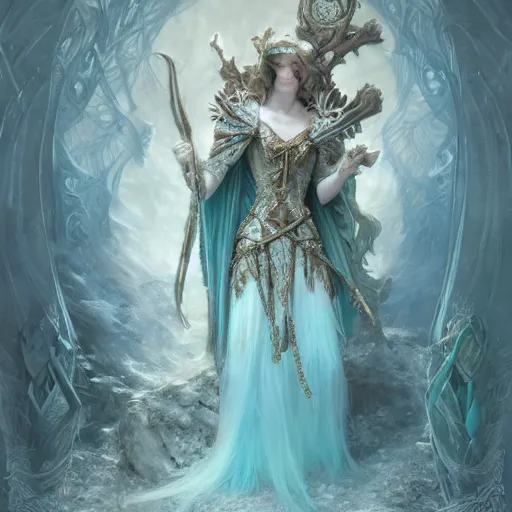 Image similar to an epic concept art of a handsome androgynous snow elf in a turquoise cape and glittering silver ornate armour stringing a bow, albino skin, winter vibes, evocative dramatic mood, intricate, elegant, by tomasz alen kopera and alphonse mucha, sharp focus, octane render, unreal 5, trending on artstation