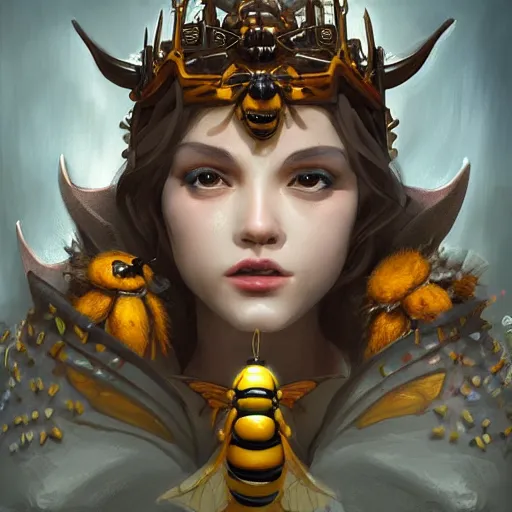 Prompt: Anthropomorphized bee queen, D&D, fantasy, cinematic lighting, highly detailed, digital painting, artstation, concept art, smooth, sharp focus, illustration, warm light, cozy warm tint, magic the gathering artwork, volumetric lighting, 8k, no gold, no gold colours, art by Akihiko Yoshida, Greg Rutkowski