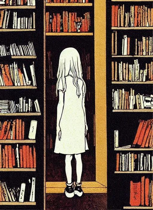 Prompt: a woman who listens to grunge music, looking curiously, a strange ghost of a weird kid, standing right beside her in the creepy library, by Katsuhiro Otomo, Yoshitaka Amano, and Nico Tanigawa and Claude Monet.