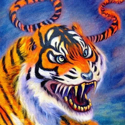 Prompt: an impressionist painting of a Chinese dragon with the face of a tiger