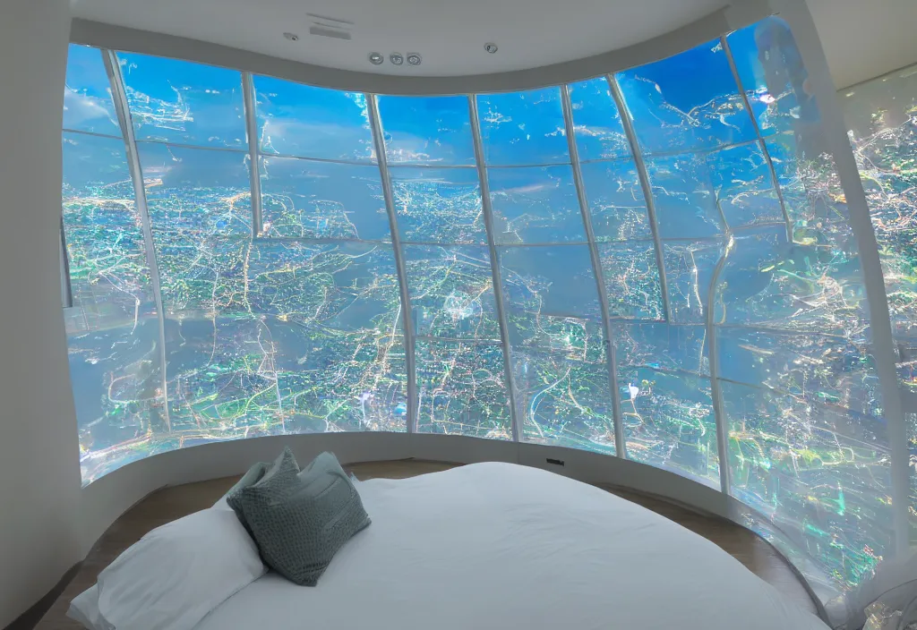 Image similar to curved translucent windows projecting florida holographic weathermap, thin glowing lights, bedroom, visor, users, pair of keycards on table