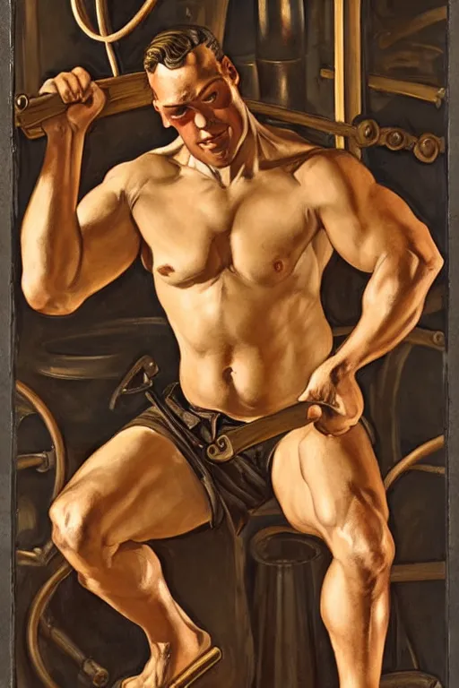 Image similar to muscular sweaty male blacksmith, forgehouse painting by j. c. leyendecker, tom of finland