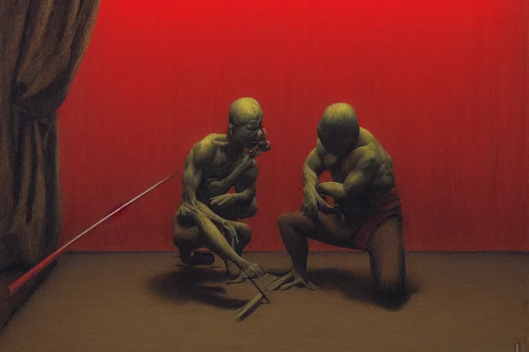 Image similar to only with red, a red samurai do seppuku, tokio, a lot of frogs watch, in the style of beksinski, parts by edward hopper, parts by rodcenko, parts by yue minjun, intricate and epic composition, red by caravaggio, insanely quality, highly detailed, masterpiece, red light, artstation, 4 k