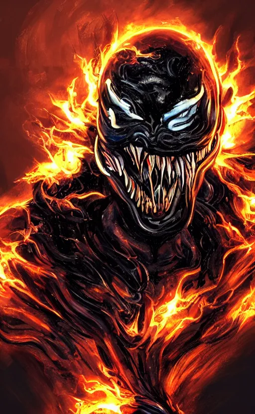 Image similar to venom as ghost rider on a motorcycle, dynamic lighting, photorealistic fantasy concept art, trending on art station, stunning visuals, terrifying, creative, cinematic