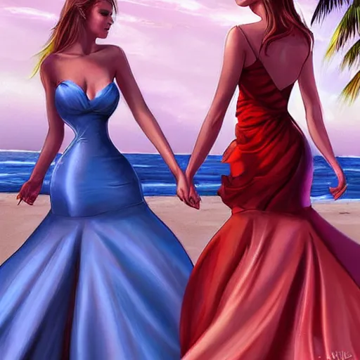 Prompt: two beautiful princesses in skintight satin prom dresses on the beach drawn by charlie bowater