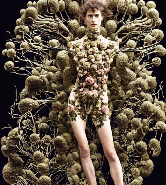 Image similar to still frame from Prometheus, bionic gaia sowing in blossoming mycelium gardens by Neri Oxman and alexander mcqueen, metal couture haute couture editorial by utagawa kuniyoshi by giger