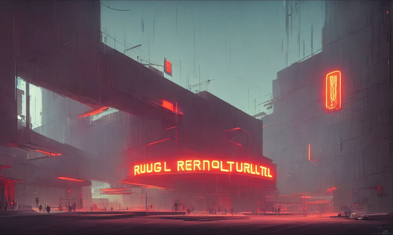 Image similar to simple brutalist architecture, colorful neon lighting, neon signs, greg rutkowski, syd mead, ralph mcquarrie, concept art, matte painting, highly detailed, rule of thirds, dynamic lighting, cinematic, detailed, denoised, centered