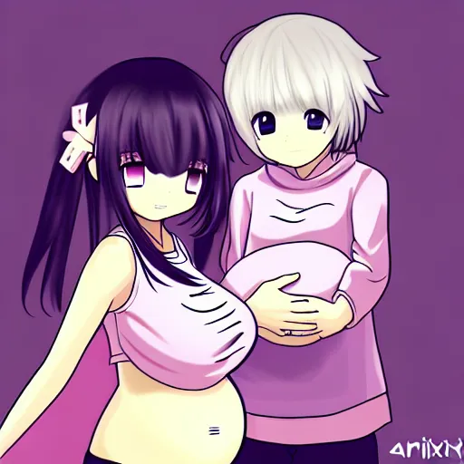 Image similar to cute girl pregnant with triplets at 4 0 weeks, baby movings in belly, anime art, trending on pixiv