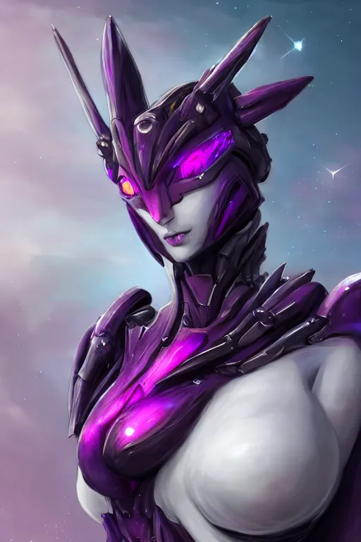Image similar to cinematic bust shot, detailed elegant beautiful stunning giant robot mecha hot female goddess dragon, sharp spines, sharp metal ears, smooth purple eyes, smooth fuschia skin, elegant smooth silver armor, nebula size, space, epic proportions, epic scale, warframe fanart, macro giantess, furry art, dragon art, goddess art, giantess art, furaffinity, octane