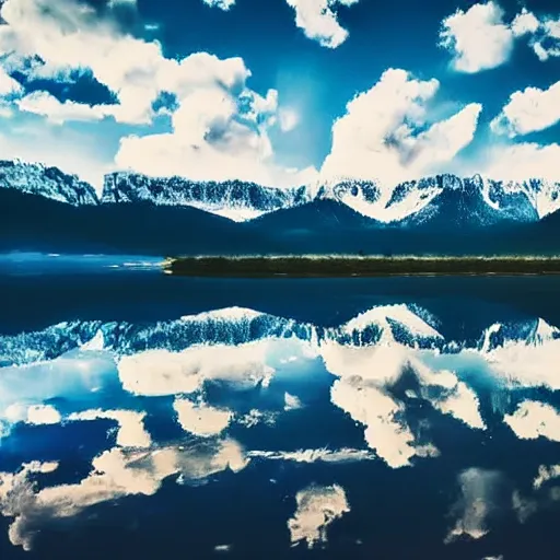 Image similar to beautiful still lake with reflective water, low mountains and beautiful far clouds