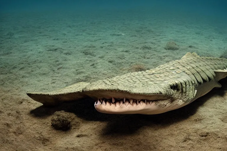 Image similar to a crocodile shark!!! hybrid! hyper realistic!! realistic lighting!! wildlife photographer of the year!!! bold natural colors, national geographic, hd, wide angle, 8 k