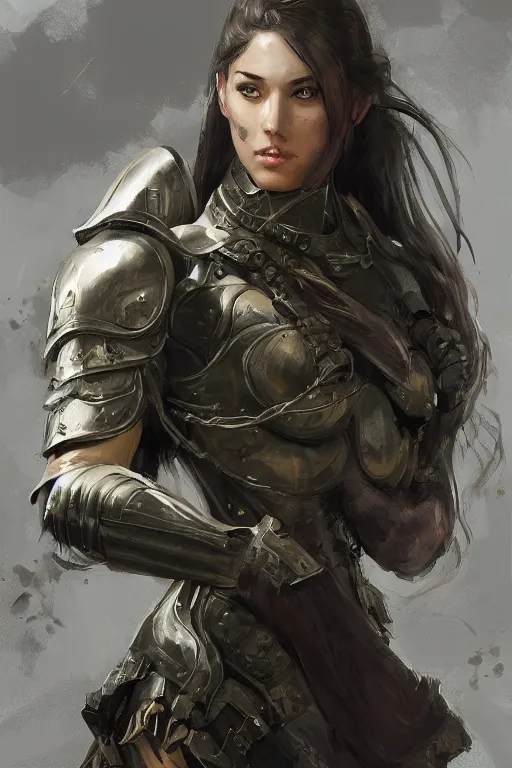 Image similar to a professional portrait of an attractive young female, partially clothed in battle armor, olive skin, long dark hair, beautiful bone structure, symmetrical facial features, intricate, elegant, digital painting, concept art, illustration, sharp focus, from Metal Gear, in the style of Ruan Jia and Mandy Jurgens and GregRutkowski and William-Adolphe Bouguerea