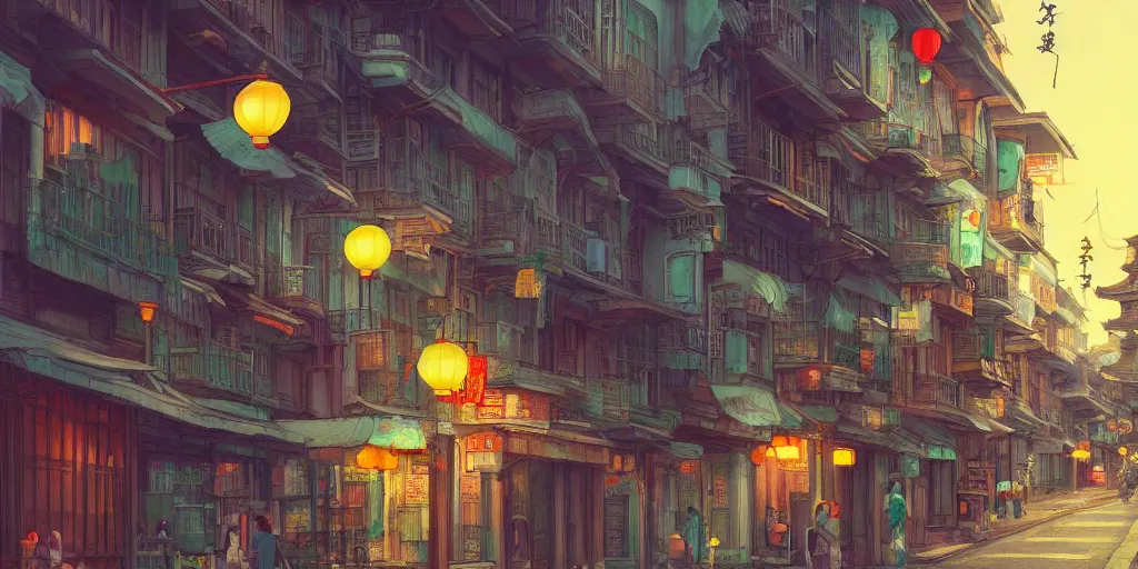 Image similar to a quiet chinatown street, evening, highly detailed, low angle view, studio ghibli, artstation