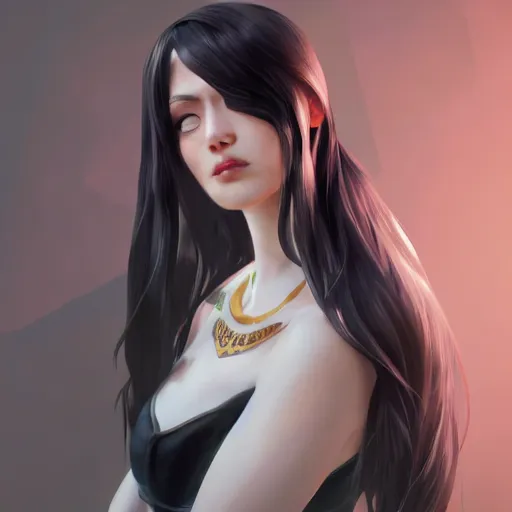 Image similar to tall woman with black hair and pale skin, from league of legends, as human, au naturel, hyper detailed, digital art, trending in artstation, cinematic lighting, studio quality, smooth render, unreal engine 5 rendered, octane rendered, art style by klimt and nixeu and ian sprigger and wlop and krenz cushart!