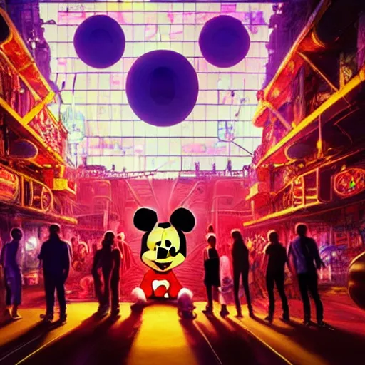 Image similar to a group of people standing around a giant cyclope mickey mouse, cyberpunk art by david lachapelle, cgsociety, dystopian art by industrial light and magic, concept art, neons, interior