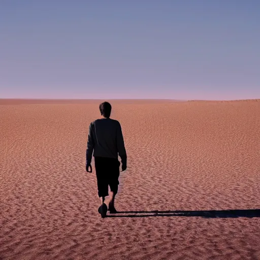 Image similar to man wandering the desert solemnly, realistic 8k