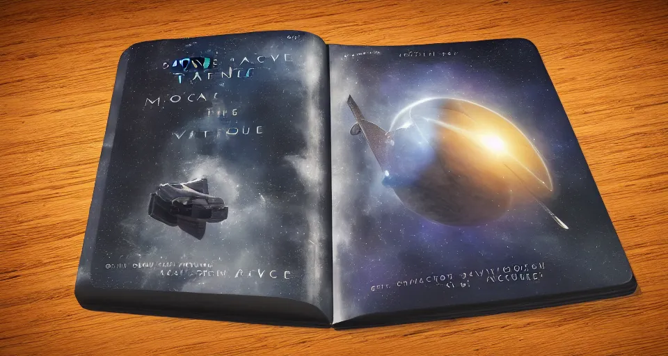 Image similar to a majestic and mystifying book about space travel, moleskin book, relic, knowledge, wisdom, secrets, travel guide, space tourism, hard cover book, adventure, hyper realistic, realistic, 8 k render, unreal engine 5 render