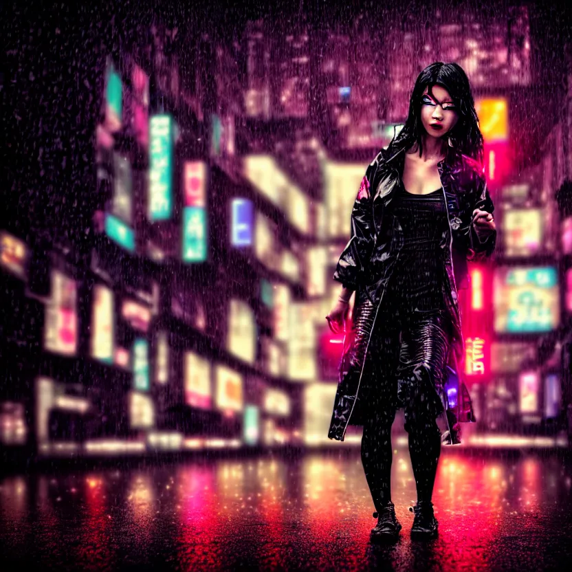 Image similar to a photo close up cyberpunk woman dancing in the rain, cyberpunk hiroshima, prefecture streets, midnight, photorealistic, cinematic lighting, highly detailed, bokeh, style by tomino - sama