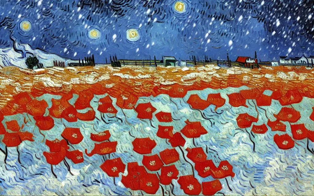 Image similar to detailed expressionist oil painting by van gogh of a snowy field in winter, falling snow on a field with scattered red poppies, winter landscape painting, silent snowfall, expressionism, 8 k resolution, smooth, sharp focus, matte painting