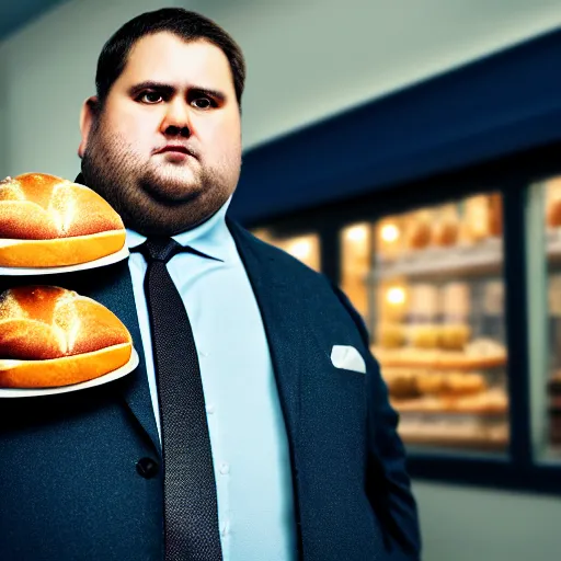 Prompt: Close up portrait of a chubby man wearing a brown suit and necktie with a bakery the background. Photorealistic. Award winning. Dramatic lighting. Intricate details. UHD 8K. He looks guilty.