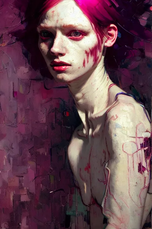 Prompt: portrait of a beautiful albino girl, shades of red and purple, beautiful face, rule of thirds, intricate outfit, spotlight, by greg rutkowski, by jeremy mann, by francoise nielly, by van gogh, digital painting