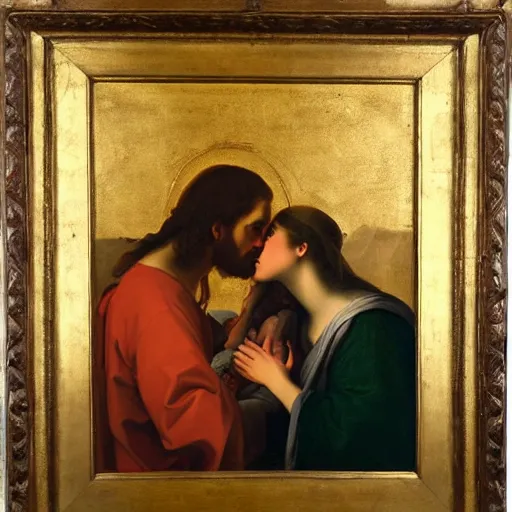 Image similar to 1 8 th oil panting of a jesus kissing with maria maddalena