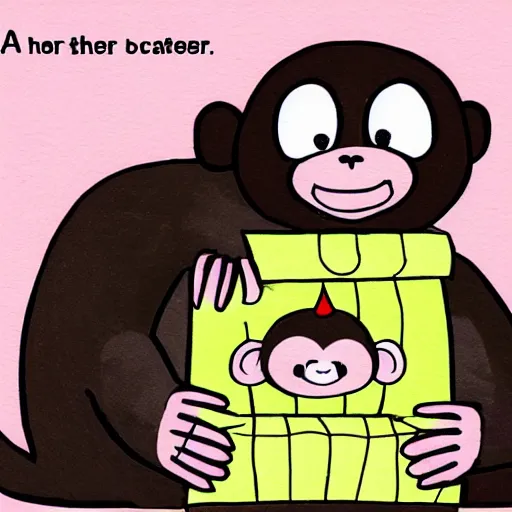 Image similar to an older monkey hugging his younger sister, birthday, cake, cartoon, birthday card