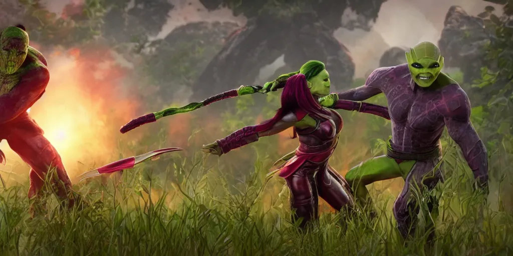 Image similar to beautiful photograph of Gamora taking mate with Scorpion from Mortal Kombat in the field with an ombú in the background. Medium shot.