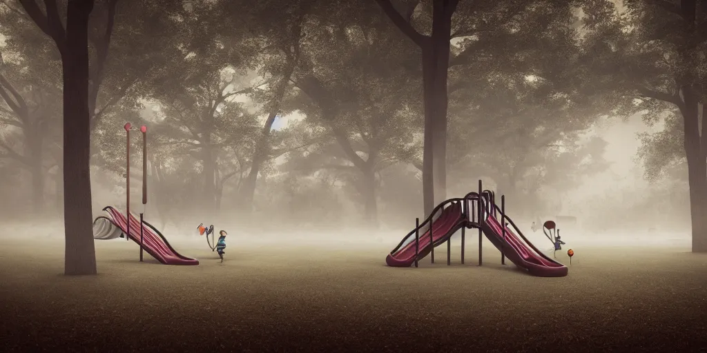 Prompt: foggy spooky play ground with swings and slides at night, dark, haunted by ghosts of children, 3d art, octane render, 6K award winning