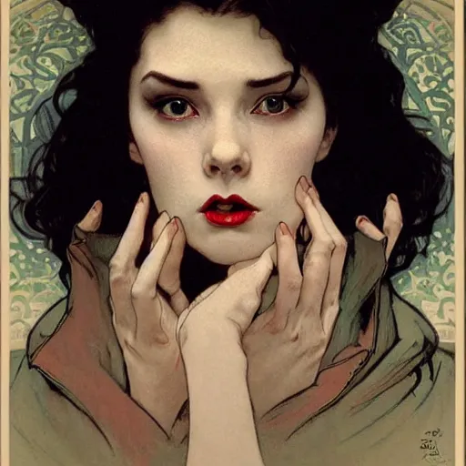 Prompt: portrait of a very beautiful young vampire, top half of body, pensive expression, by Stanley Artgerm Lau, greg rutkowski, thomas kindkade, alphonse mucha, loish, norman rockwell, J. C. Leyendecker. dark black hair, pale skin, detailed eyes, red lips. dark, scary, eldritch horror. rule of thirds extremely detailed illustration hd 4k