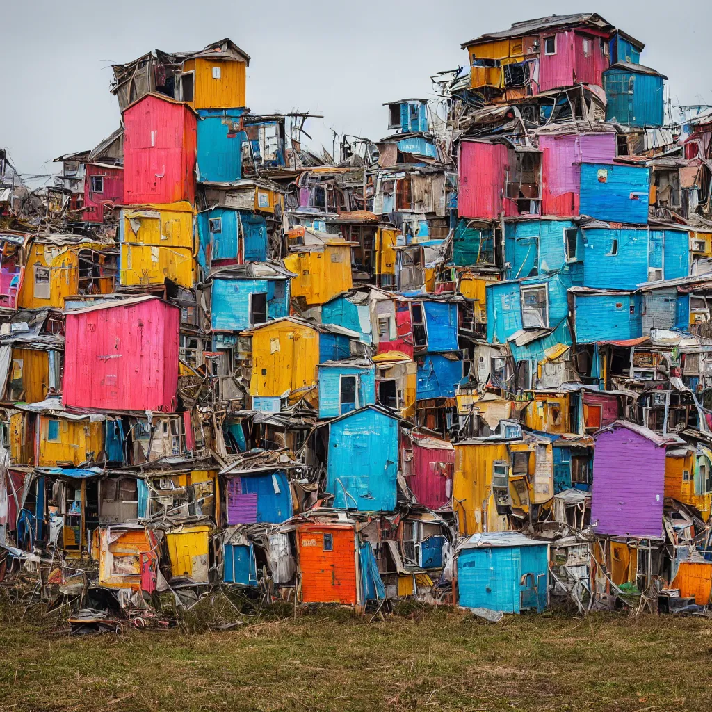 Image similar to a tower made up of colourful makeshift squatter shacks, dystopia, sony a 7 r 3, f 1 1, fully frontal view, photographed by jeanette hagglund