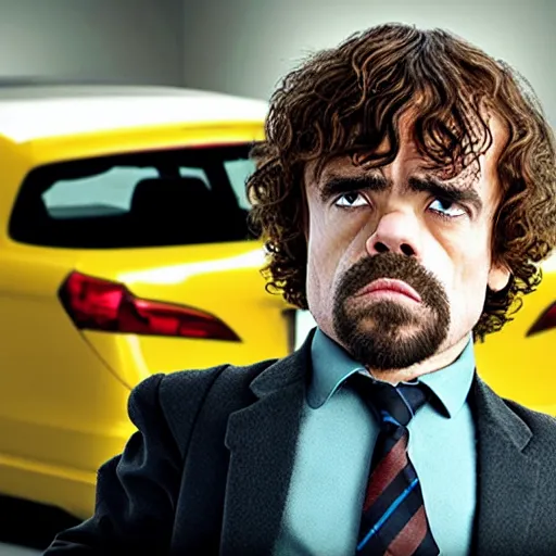 Prompt: peter dinklage as a car salesman