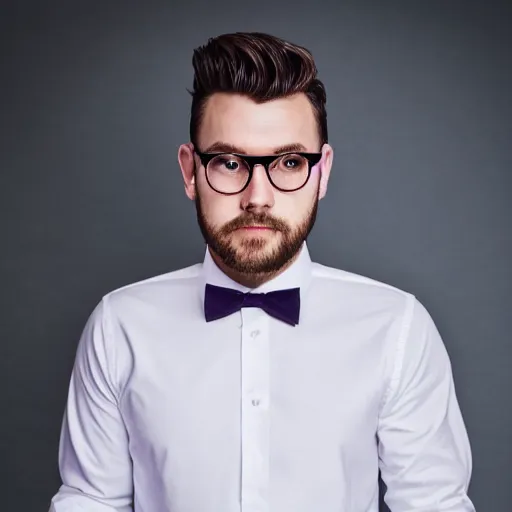 handsome man wearing a white shirt, a bow tie, medium | Stable