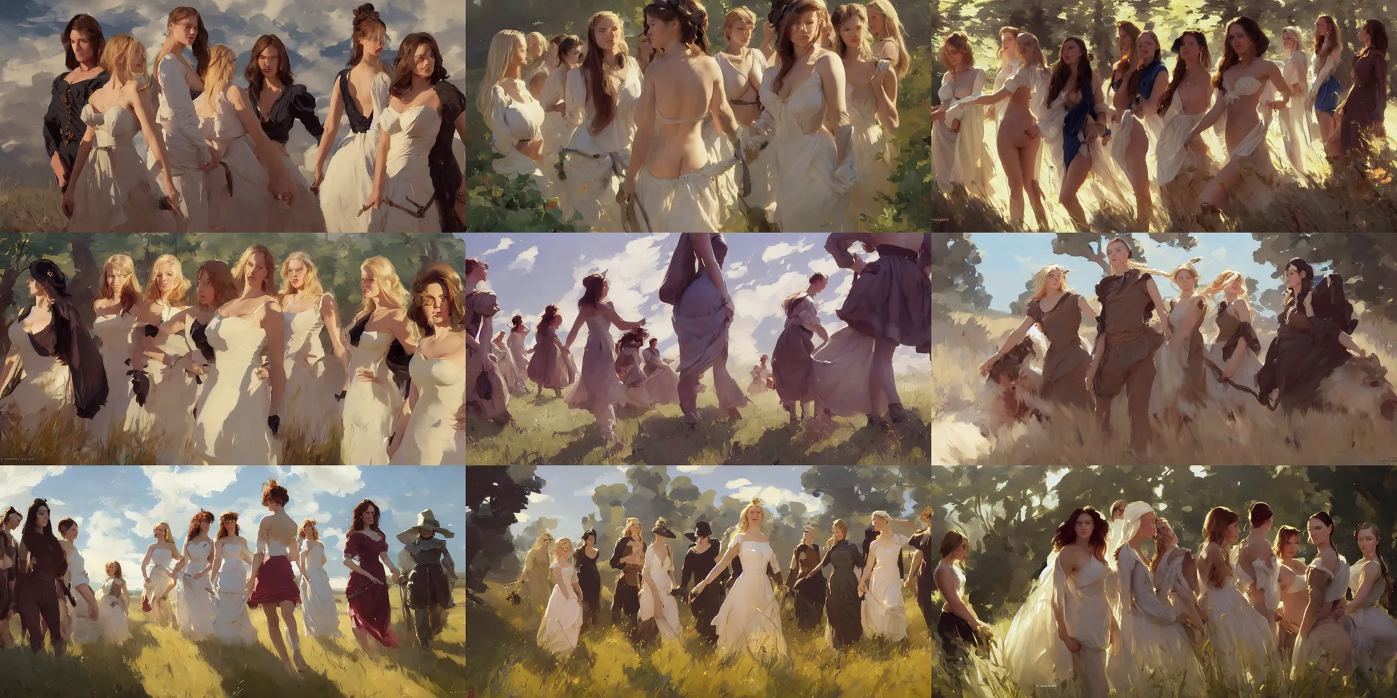 Prompt: five of beautiful finnish norwegian swedish scandinavian attractive glamour models wearing 1 7 th century stays with low neckline walking in the field in a sunny day, jodhpurs greg manchess painting by sargent and leyendecker, studio ghibli fantasy close - up shot asymmetrical intricate elegant matte painting illustration hearthstone, by greg rutkowski by greg tocchini by james gilleard