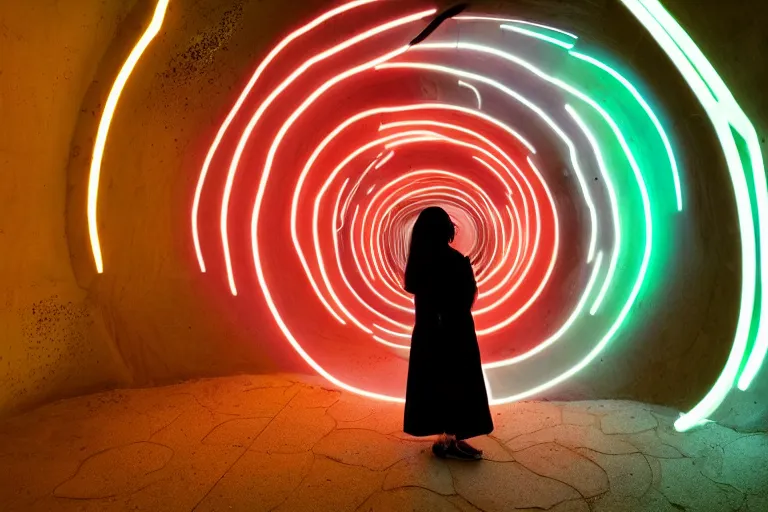 Prompt: A photograph of a woman standing in a snail-spiral-shaped interior space with her back to the camera， an arched door glowing white at the end, neon colors,F3.5,ISO640,18mm,1/60,Canon EOS 90D.