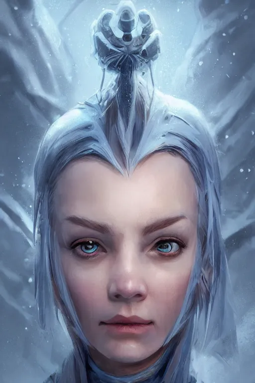 Image similar to portrait, ice fairy, face portrait, raphael lacoste, eddie mendoza, alex ross, concept art, matte painting, highly detailed, rule of thirds, dynamic lighting, cinematic, detailed, denoised, centerd