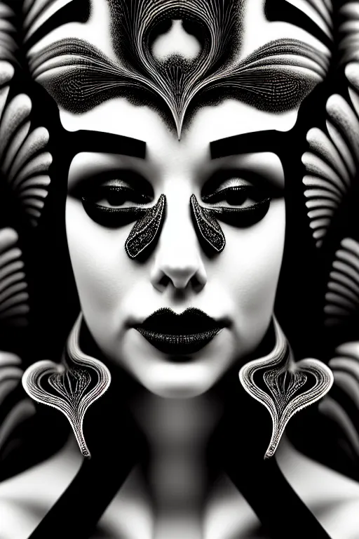 Prompt: portrait of a young beautiful woman with a mask. speed painting, fractal, mandelbulb. black and white, black on black. intricate, elegant, super highly detailed, professional digital painting, smooth, extreme illustration, Unreal Engine 5, Photorealism, HD quality, 8k resolution, 3D, beautiful, cinematic, art. art deco, art nouveau.