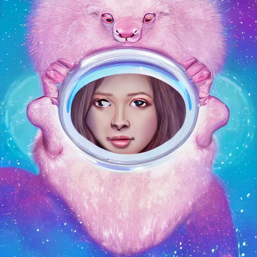 Image similar to white mink with head surrounded by pink circle made of chromosomes and bacteria matte art hd lilia alvarado 8k starring at camera symmetrical mink face bacteria chromosomes matte