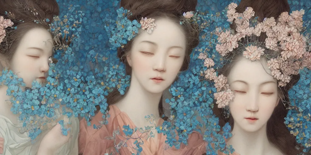 Image similar to breathtaking detailed concept art painting portrait of two goddess of light blue flowers by hsiao - ron cheng, carroty hair, orthodox saint, with anxious piercing eyes, vintage illustration pattern background with bizarre compositions blend of flowers and fruits and birds by beto val and john james audubon, exquisite detail, extremely moody lighting, 8 k