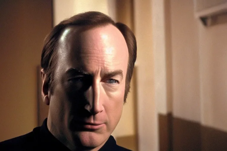 Prompt: A film still of Bob Odenkirk in a Star Trek: The Next Generation, sitting in Ten Forward, dramatic lighting