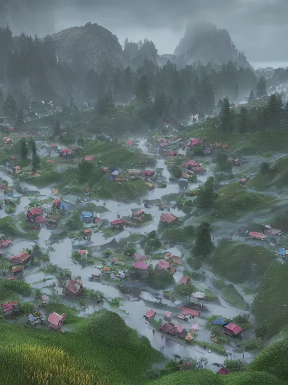 Image similar to photo of 8k ultra realistic beautiful valley, small town, hills, pylons, heavy rain, full of colour, cinematic lighting, battered, trending on artstation, 4k, hyperrealistic, focused, extreme details,unreal engine 5, cinematic, masterpiece, art by studio ghibli