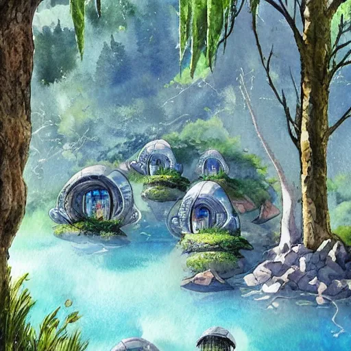 Image similar to beautiful happy picturesque charming sci - fi organic pod - like homes of the future in a beautiful natural scene. water, trees and rocks. beautiful light. soft colour scheme. beautiful artistic detailed watercolor by lurid. ( 2 0 2 2 )