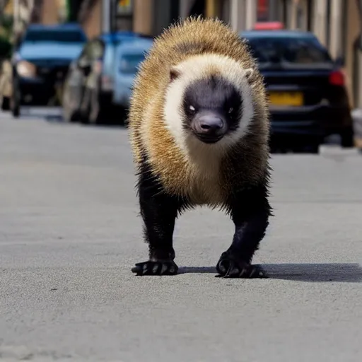 Prompt: honey badger walking down the street ignoring people shouting at him