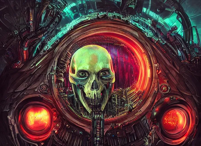 Image similar to a futuristic skull with glowing eyes and a wormhole tunnel cyberpunk art by android jones, featured on artstation, darksynth, synthwave