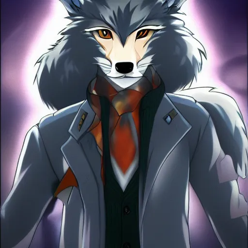 Image similar to key anime visual portrait of an anthropomorphic anthro wolf fursona, in a jacket, with handsome eyes, official modern anime art