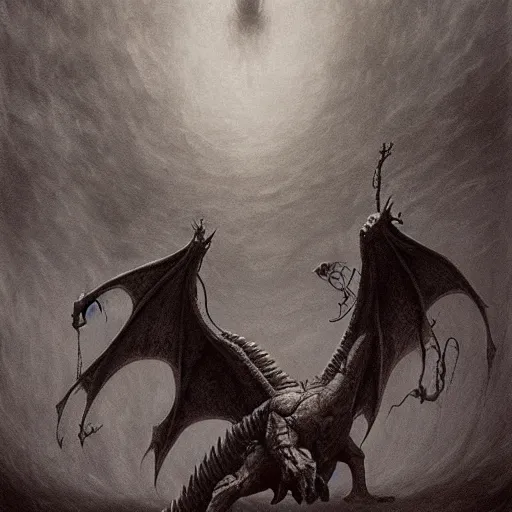 Prompt: aether, the empowering dragon beksinski, eldritch, apocalypse, creepy creature, horror spooky