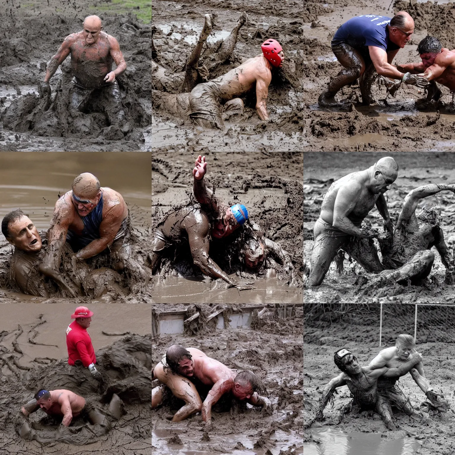 Prompt: trail cam photo of Rudy Giuliani wrestling Donald Trump in a mud pit. Everyone is angry and covered in mud