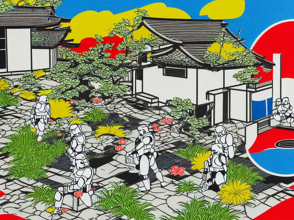 Image similar to detailed close - up image of the japanese home with a garden and a pond, 2 stormtroopers sitting around it, pop - art style, jacky tsai style, andy warhol style, roy lichtenstein style, rich palette, acrylic on canvas