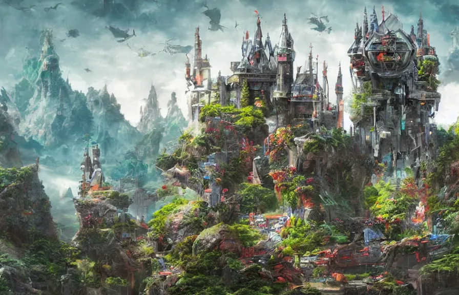 Image similar to a futuristic castle, crowded, plastic, nature, robots, digital art.